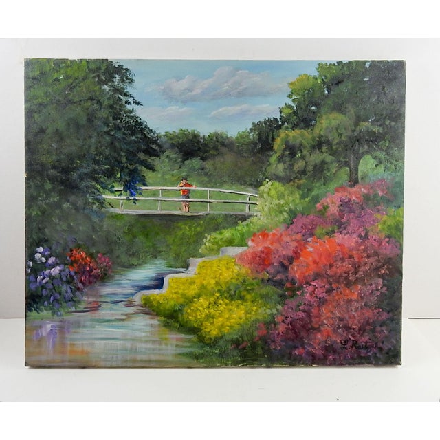 English Mid 20th Century Flowering Spring Garden Landscape Painting For Sale - Image 3 of 3