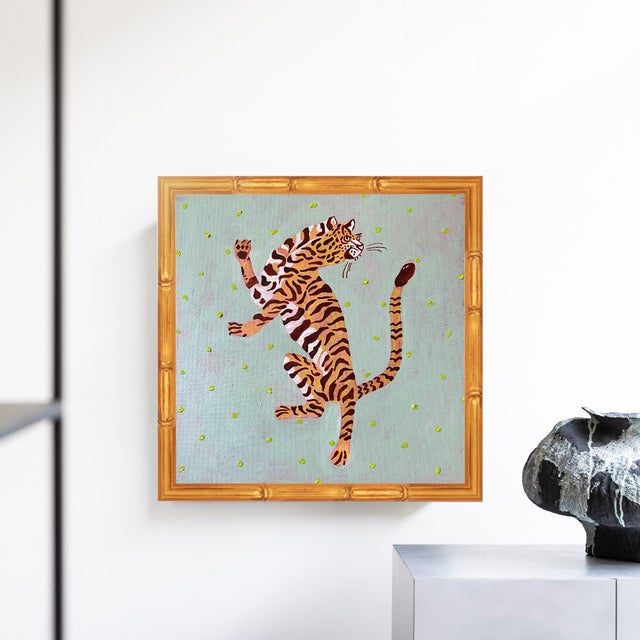 Chinoiserie Original Leaping Tiger Painting in Gold Bamboo Frame, Acrylic on Canvas, 13" X 13" by Tatiana Duperault For Sale - Image 3 of 4