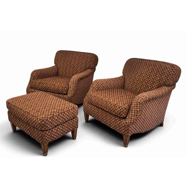 Classic Lewis Mittman Lounge Chairs and Ottoman Set. Features traditional styling with English or Saddle arms, loose seat...