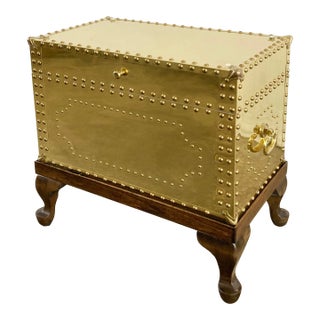 Vintage Riveted Brass Trunk on Footed Wood Stand For Sale