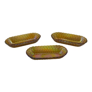 Mid 20th Century American Pressed Amber Carnival Glass Celery Dish - Set of 3 For Sale