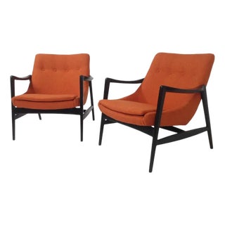 Mid-Century Modern Orange Chenille Lounge Chairs - A Pair For Sale