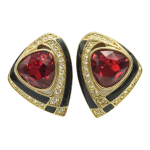 Large 1980s Red Rhinestone Black Enamel Gold Tone Clip On Earrings Signed Craft - 2 Pieces