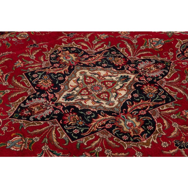Vintage Persian Tabriz Handmade Wool Red Floral Rug For Sale - Image 9 of 10