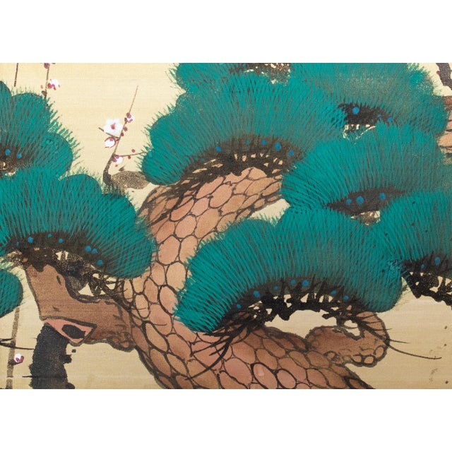 Goldenrod C. 1960s Showa Era Japanese Painted Silk Byobu Screen "Evergreen Pine Tree" For Sale - Image 8 of 18