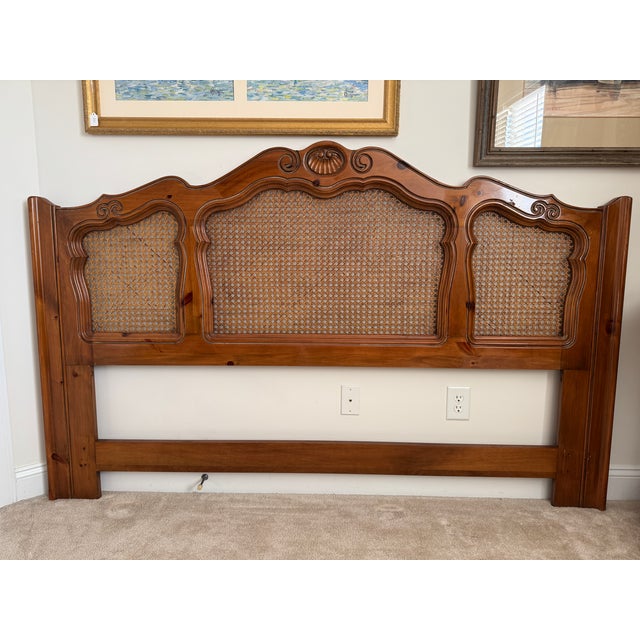 1980s Ethan Allen Chateau Normandy King Cane & Pine Bed Pediment Headboard For Sale - Image 12 of 12