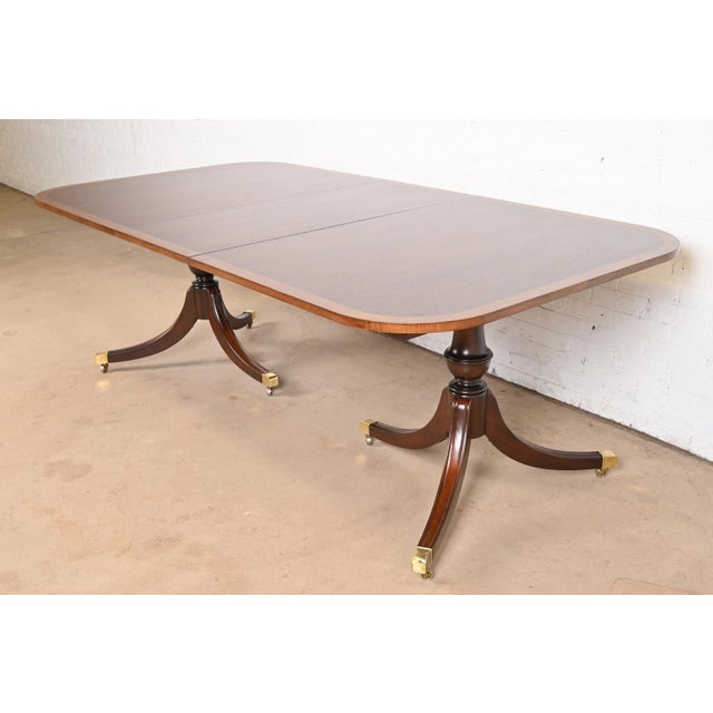 Baker Furniture Style Georgian Banded Mahogany Double Pedestal Extension Dining Table, Newly Refinished For Sale - Image 12 of 12