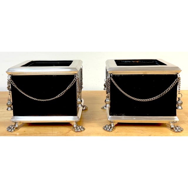 Metal Pair Russian-Style Neoclassical Silverplated Bronze & Leather Paw Feet Cachepots For Sale - Image 7 of 12