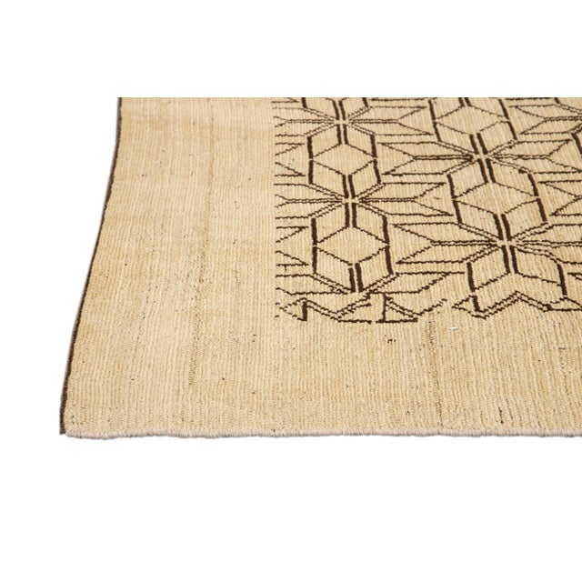 Modern Beige Deco Style Handmade Geometric Floral Wool Rug For Sale - Image 4 of 9