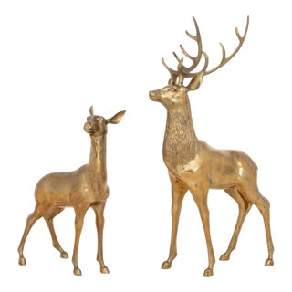 Pair of Stag and Doe Large Brass Sculptures For Sale