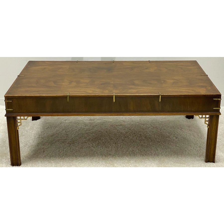 Drexel Heritage Burl Walnut & Brass Chippendale Style Coffee Table