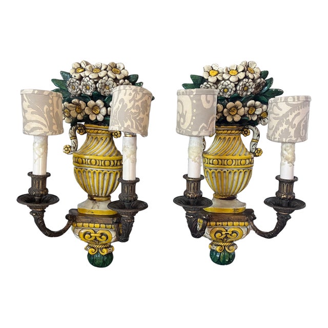 1920s Pair of Antique Edward F. Caldwell & Co. Hand-Painted Floral Bronze and Brass Wall Sconces For Sale