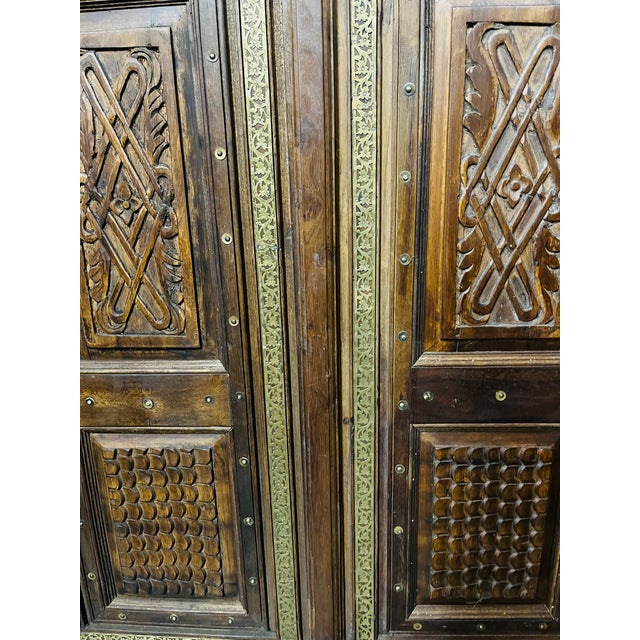 Antique Indian Temple Doors Hand Carved Om Double Doors – Ornate Rustic Wood Entryway 82 For Sale In Orlando - Image 6 of 7