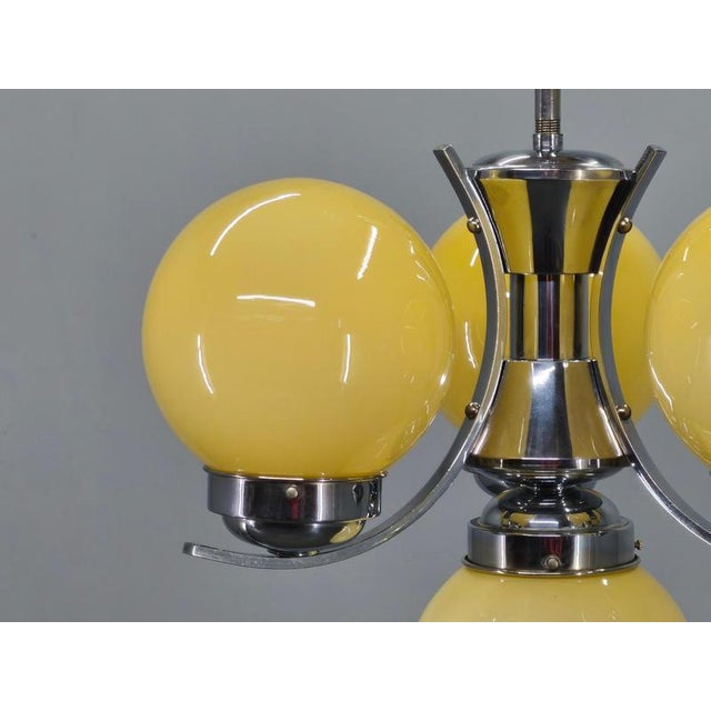Art Deco Chrome and Opaline Glass Chandelier, Czechoslovakia, 1930s For Sale - Image 4 of 14