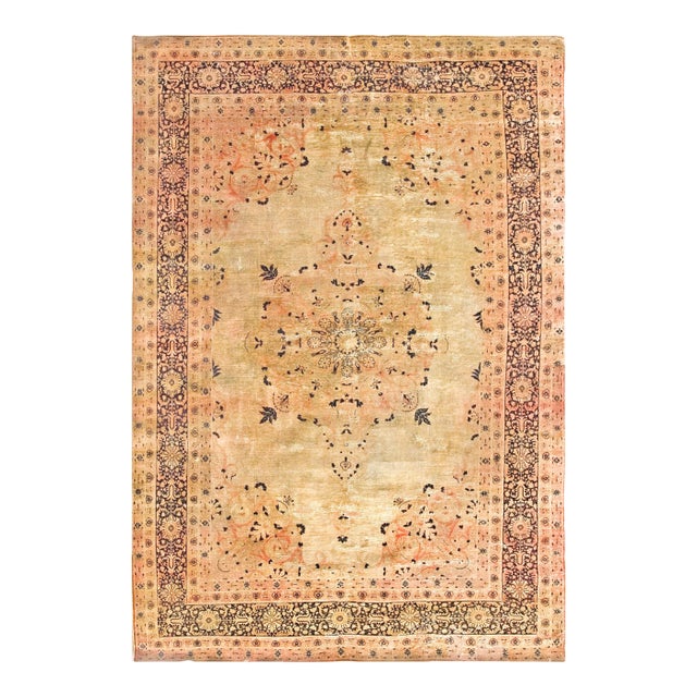 1890s Ivory Medallion Antique Persian Tabriz Rug 7'3" X 10'5" Handknotted Wool Carpet For Sale