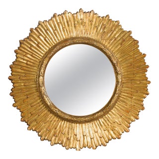 French Midcentury Giltwood Sunburst Mirror with Radiating Rays and Carved Frame For Sale