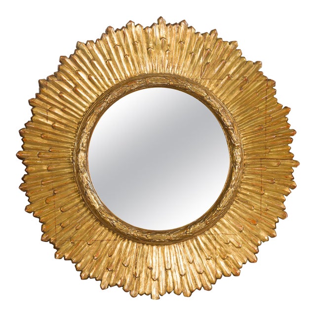 French Midcentury Giltwood Sunburst Mirror with Radiating Rays and Carved Frame For Sale