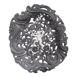 Vintage Rococo Revival Cast Iron Cherub Openwork Decorative Tray or Wall Plaque For Sale