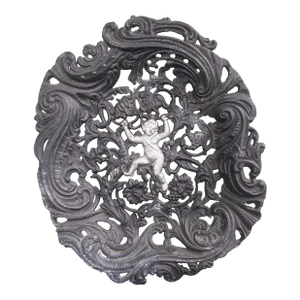 Vintage Rococo Revival Cast Iron Cherub Openwork Decorative Tray or Wall Plaque