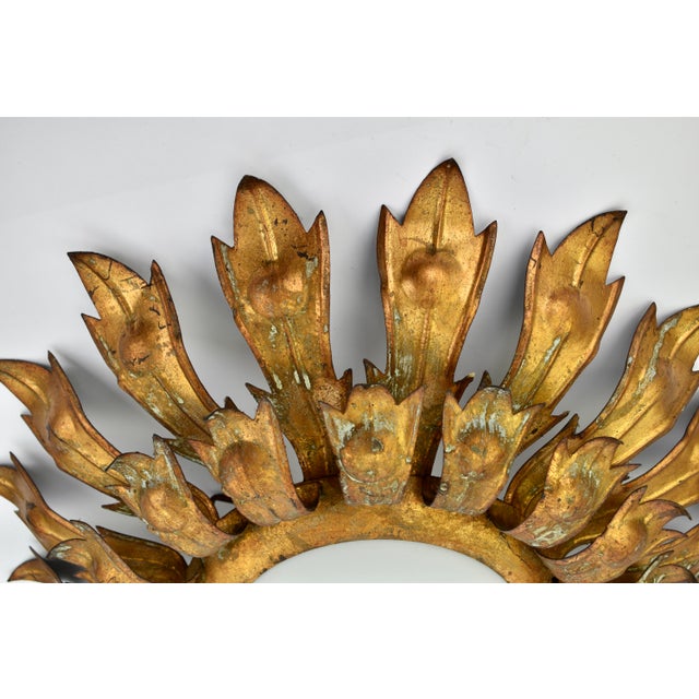 1950s Mid Century Gilded Spanish Sunburst Flush Mount With Green Patina For Sale - Image 12 of 13