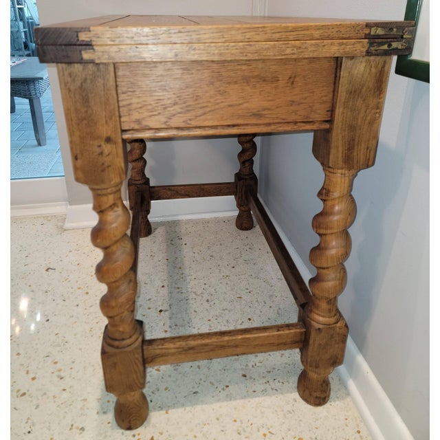 1940s Oak Fold Top Barley Twist Card Table For Sale - Image 12 of 12