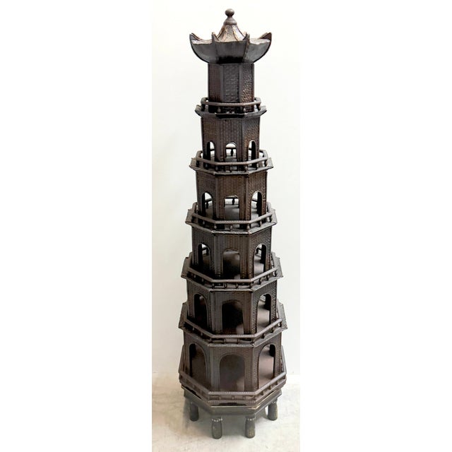 Rare Anglo-Indian Painted Pagoda with Original Miniature-Decorated Stand, circa 1920–1950, Consisting of Two Pieces: the...