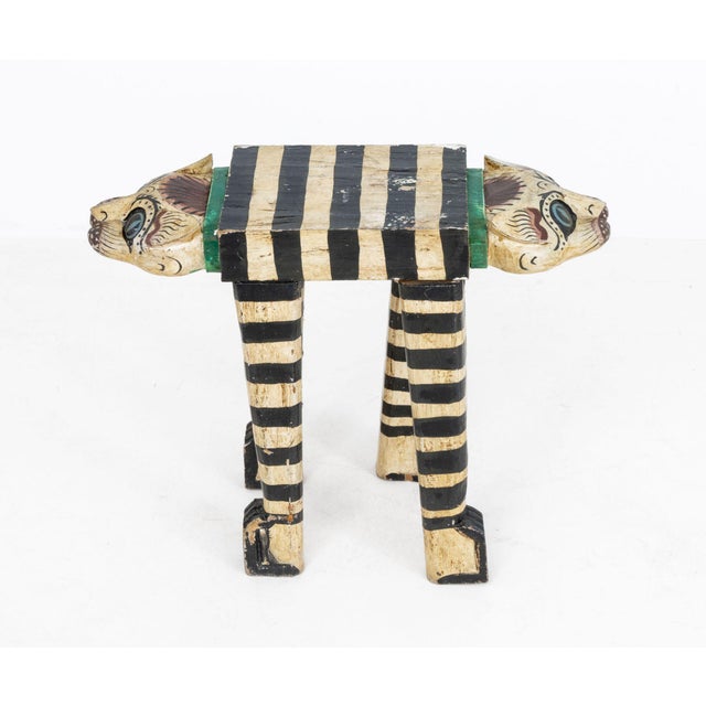 Wood Folk Art Polychromed Double Cat Head Stool For Sale - Image 7 of 7