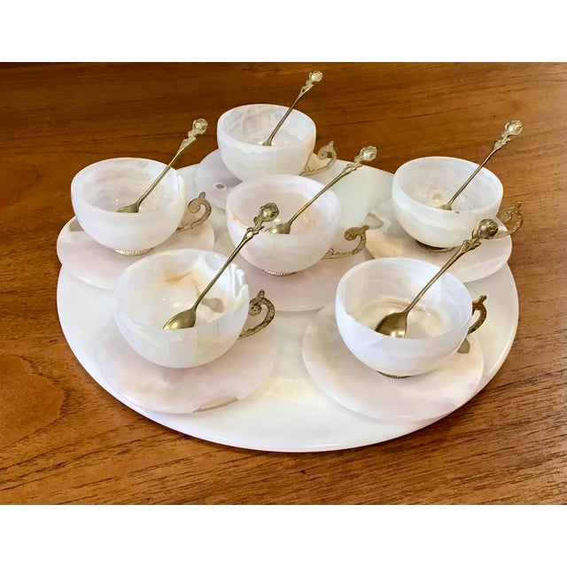RARE vintage white agate tray and set of 6 tea cups, saucers, and gold spoons with delicate roses on the end, most likely...