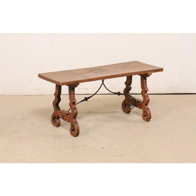 Antique Spanish Wooden Coffee Table with Carved Lyre-Legs and Iron Stretchers For Sale - Image 4 of 13