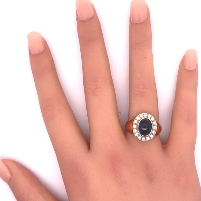 Metal 3.00 Carat Blue Sapphire Diamond 18k Gold Bezel Halo Ring, Size 9 For Sale - Image 7 of 7