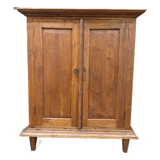 Antique Pine Armoire Cabinet With Paneled Doors and Plinth Base For Sale