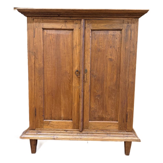 Antique Pine Armoire Cabinet With Paneled Doors and Plinth Base For Sale