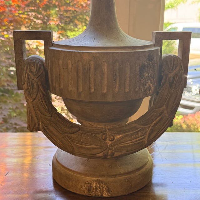 Tan Bliss Studio Carved Wood Neoclassical Urn Lamp For Sale - Image 8 of 9