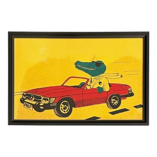 Vintage 80s Preppy Alligator Driving Mercedes Sports Car Print For Sale