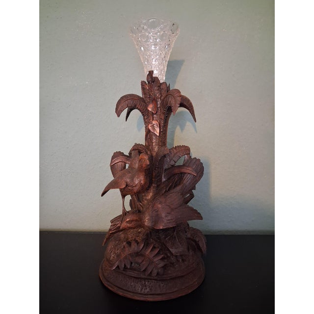 Antique Black Forest Vase Holder with Two Birds and Crystal Vase, 1915 For Sale - Image 3 of 6