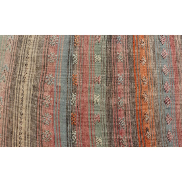 Mid 20th Century Vintage Turkish Kilim Runner With Pastel Coral, Sage and Blue Stripes For Sale - Image 5 of 10