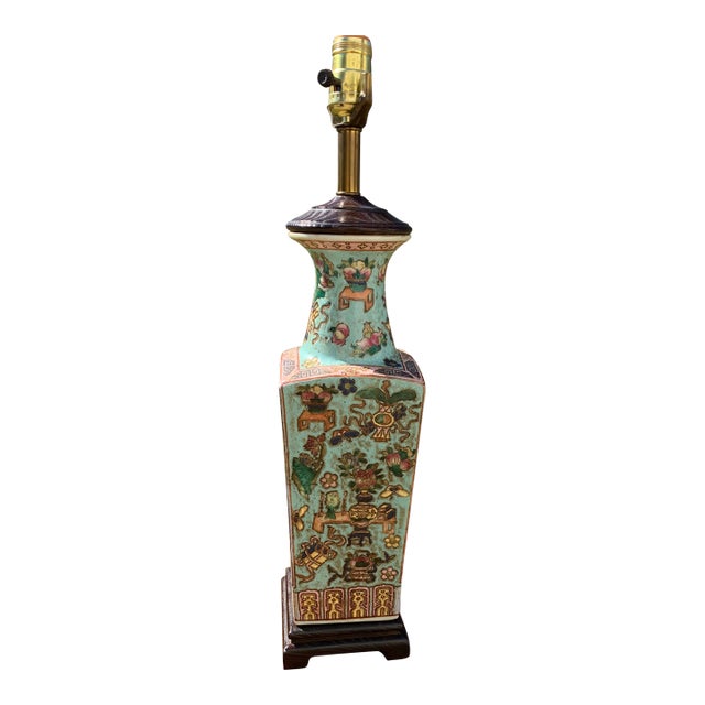 Chinese Famille Rose Antique Square Turquoise Porcelain Vase Lamp For Sale
