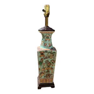 Chinese Famille Rose Antique Square Turquoise Porcelain Vase Lamp