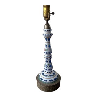 Bohemian Blue Glass Table Lamp With White Overlay, Early 20th Century For Sale