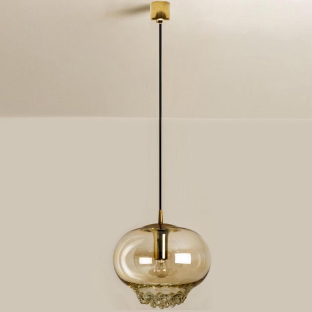 Metal Smoked Brown Glass and Brass Pendant Lights attributed to Peill and Putzler, 1960s, Set of 2 For Sale - Image 7 of 18