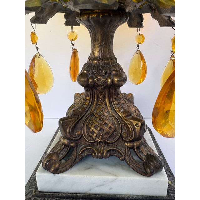 Vintage Hollywood Regency Amber Glass Floral Centerpiece Bowl With Crystal Prisms & Marble Base For Sale - Image 4 of 12
