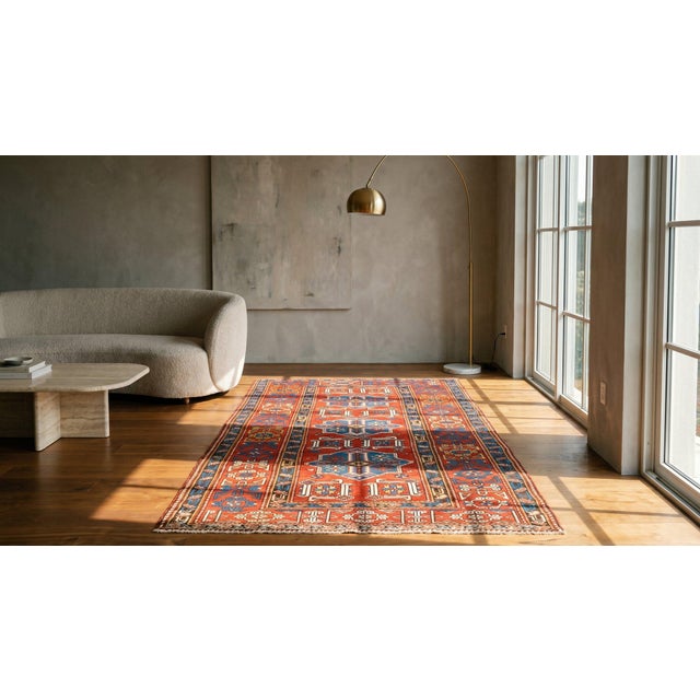 Red 1900s Red Geometric Medallion Antique Caucasian Shirvan Rug 4'0" X 6'8" Knotted Wool Carpet For Sale - Image 8 of 9