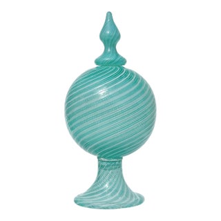 Murano Dino Martens Blue Green White Stripe Swirl Vintage Italian Art Glass Decanter Bottle Vase For Sale