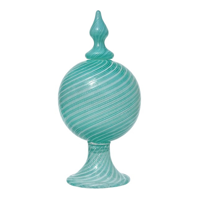 Murano Dino Martens Blue Green White Stripe Swirl Vintage Italian Art Glass Decanter Bottle Vase For Sale