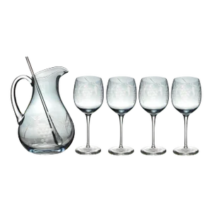 Late 20th Century Hand Crafted Cut Glass Grape Design Pitcher Wine Glasses & Stirrer Drink Set- 6 Pieces