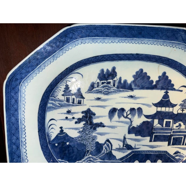 Antique Chinese Canton Large Platter Export Porcelain Blue & White 17"x13” With Wood Display Stand For Sale - Image 4 of 12