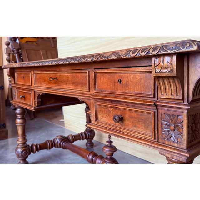 Early 19th Century 19th Century Spanish Two Faces Baroque Style Oak Library Table or Desk For Sale - Image 5 of 18