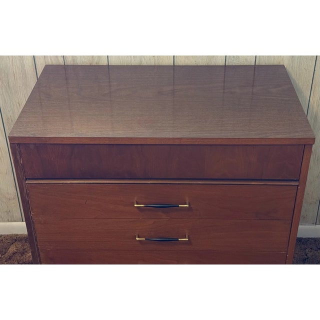 Vintage Mid-Century Modern Walnut 3-Drawer Lowboy Dresser With Brass-Capped Legs and Stylish Black-Gold Handles For Sale - Image 14 of 16