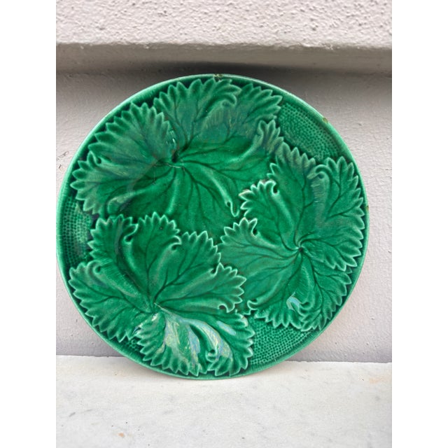 French Country French Green Majolica Leaves Plate Clairefontaine , Circa 1890 For Sale - Image 3 of 5