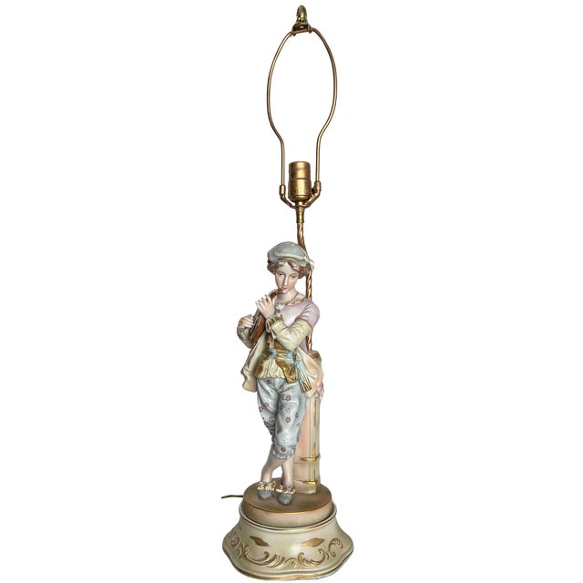 Mid-Century Porcelain Table Lamp Minstrel With Mandolin For Sale - Image 11 of 16